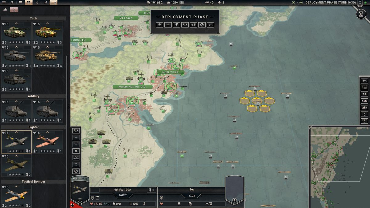 Panzer Corps 2 (Windows) screenshot: Deployment phase for an invasion of a US east coast... even though Germans have jet fighters, carriers do not support them so airfield will have to be captured before upgrading FW 190s to Me 262s