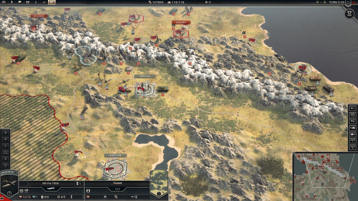 Panzer Corps 2 (Windows) screenshot: While tanks and infantry and normally pass through mountain terrain, snowy mountains are only accessible to a specialized troops