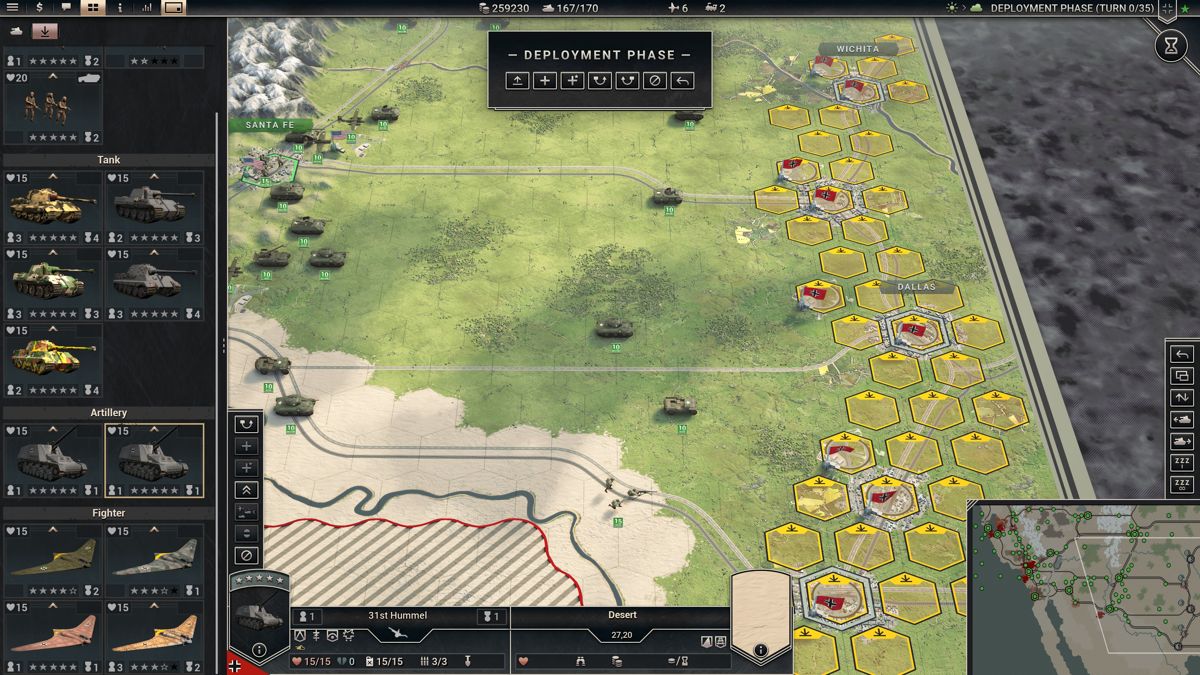 Panzer Corps 2 (Windows) screenshot: Deployment phase during the final mission to win the war, taking the entire US western coast