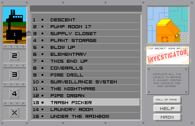 Junkbot Undercover (Browser) screenshot: The level select screen. Later on, you'll be able to switch between buildings.