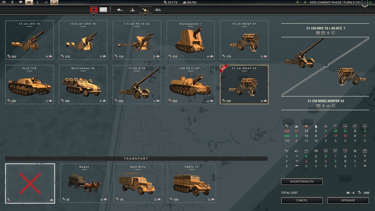 Panzer Corps 2 (Windows) screenshot: Artillery purchase and upgrade screen