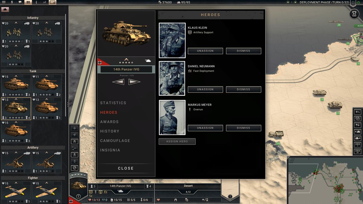Panzer Corps 2 (Windows) screenshot: By default each unit can only be assigned up to three heroes