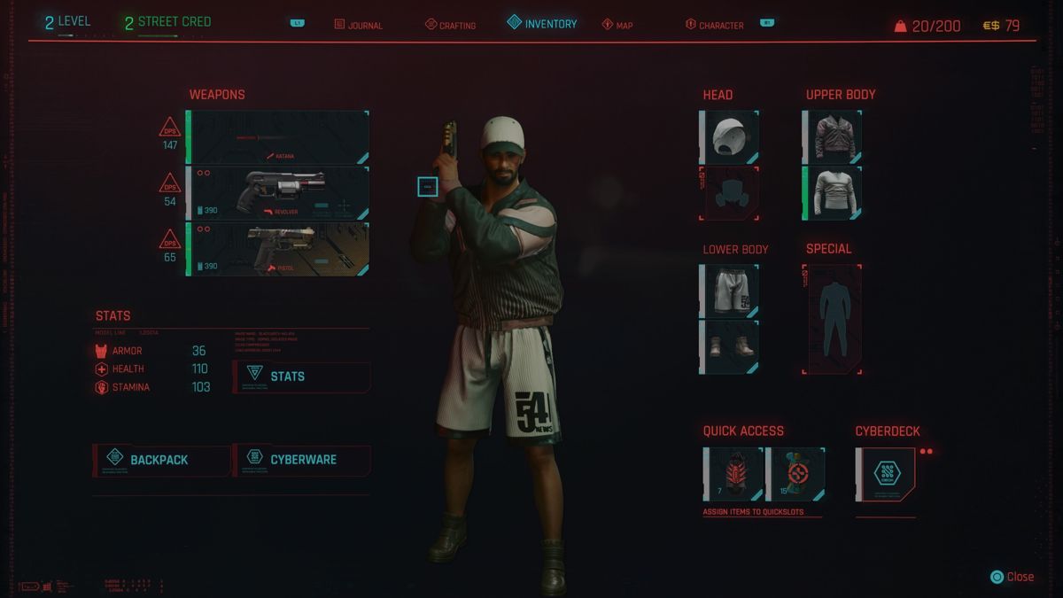 Cyberpunk 2077 (PlayStation 4) screenshot: Inventory for equipped weapons and outfit