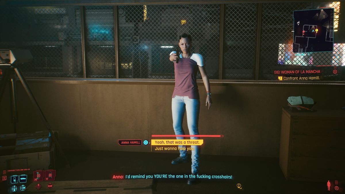 Cyberpunk 2077 (PlayStation 4) screenshot: Trying to convince Anna to stop her snooping into the corrupt police officers for her own good