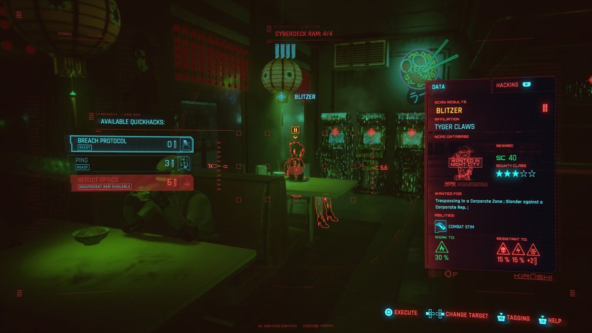 Cyberpunk 2077 (PlayStation 4) screenshot: Scanning surroundings and interacting with targets will vary based on your installed implants