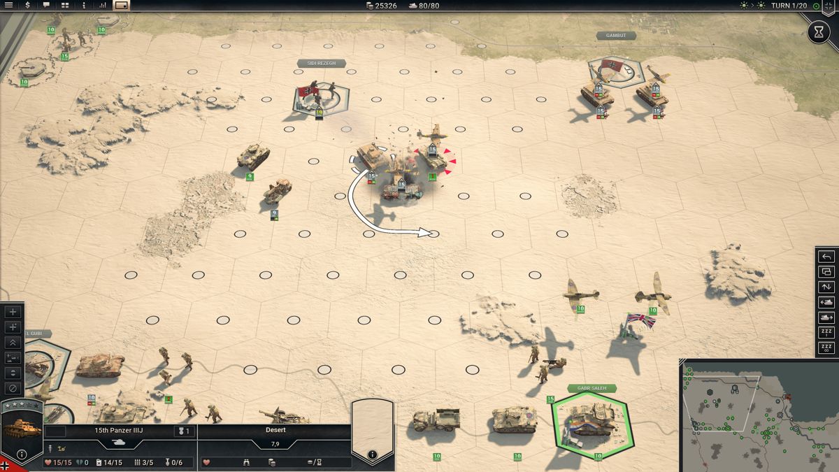 Panzer Corps 2 (Windows) screenshot: Tanks can destroy several units in a single turn by performing "Overrun" which is destroying entire enemy unit which resets their attack move