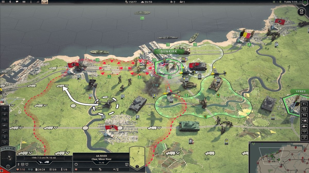 Panzer Corps 2 (Windows) screenshot: German forces are surrounding Dunkirk