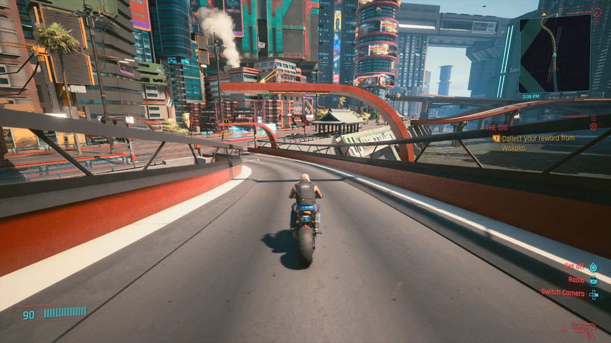 Cyberpunk 2077 (PlayStation 4) screenshot: Driving a bike through town is faster as it is more agile and can quickly maneuver through traffic jams