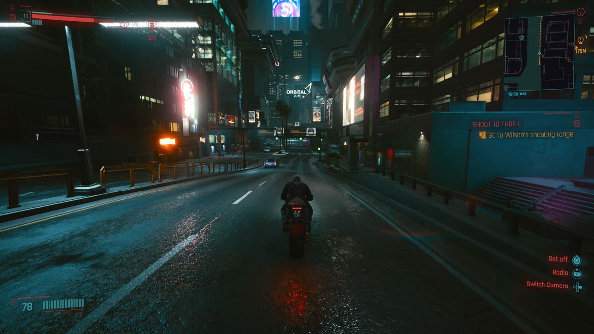 Cyberpunk 2077 (PlayStation 4) screenshot: Day and night cycles progress constantly, but time can also be manually skipped to reach desired time of day as some missions can only be activated at given time