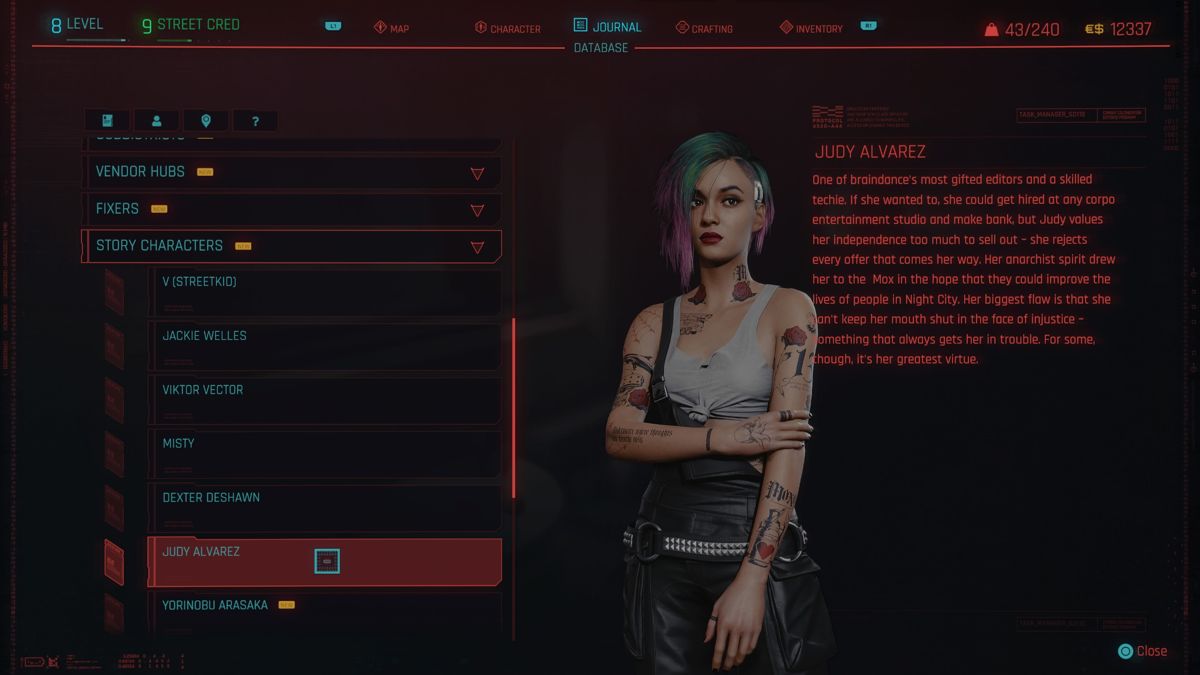 Cyberpunk 2077 (PlayStation 4) screenshot: Encyclopedia hold detailed info about characters, vehicles, locations, and other things