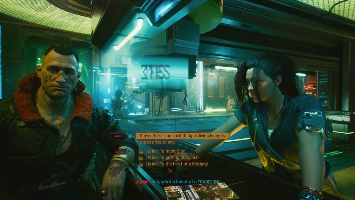 Cyberpunk 2077 (PlayStation 4) screenshot: Drinking at the bar with my good friend Jackie
