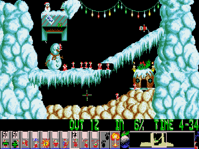 Xmas Lemmings (DOS) screenshot: Xmas '92 - playing Level 1