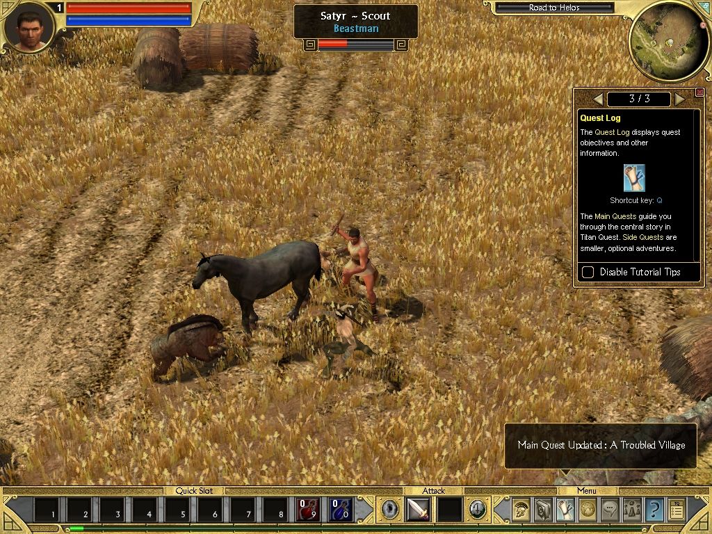 Titan Quest (Windows) screenshot: Your very first combat in game.