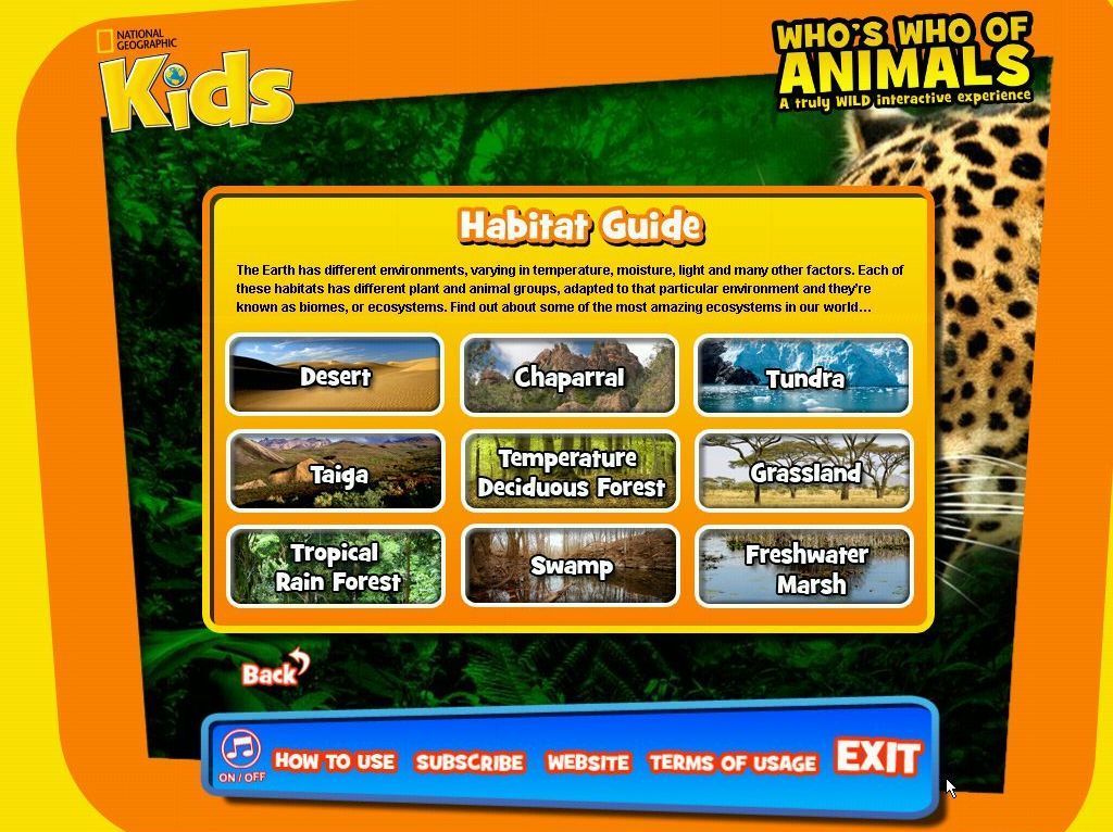 Who's Who Of Animals: A Truly Wild Interactive Experience (Windows) screenshot: The Habitat Guide gives a brief description of nine zones and the creatures that live there