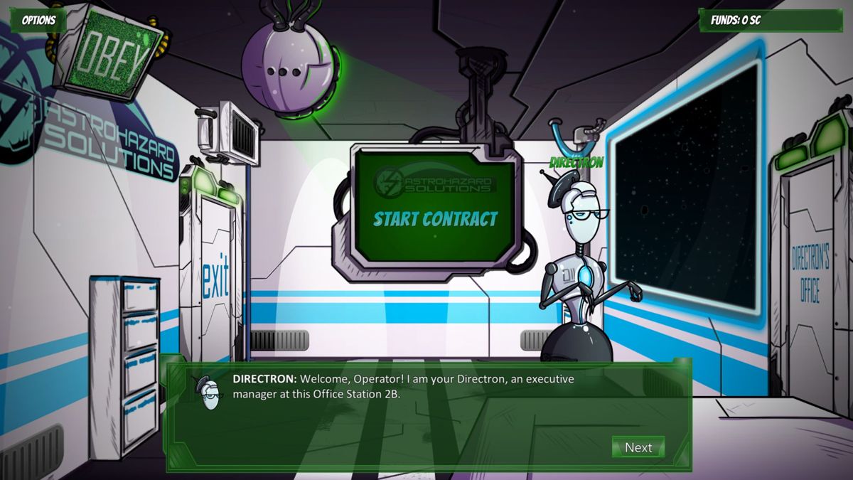 Astrohazard Solutions (Windows) screenshot: This is the boss, if she wasn't a robot she'd have pointy hair so don't expect meaningful dialogue