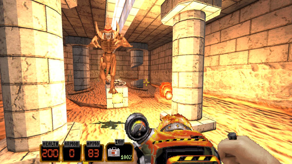 Duke Nukem 3D: 20th Anniversary World Tour (Windows) screenshot: The Incinerator is a new and powerful weapon, but be careful when you use it in close-quarters combat.