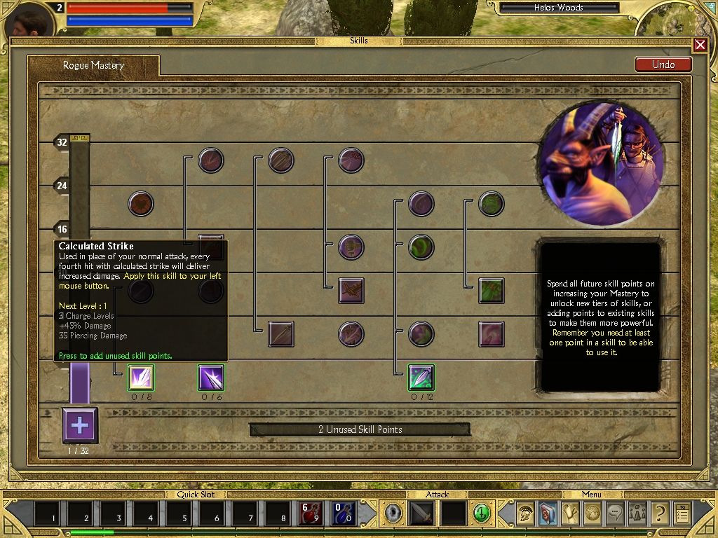 Titan Quest (Windows) screenshot: Here we have the skill chart for the Rogue. At each level you gain points to spend here.