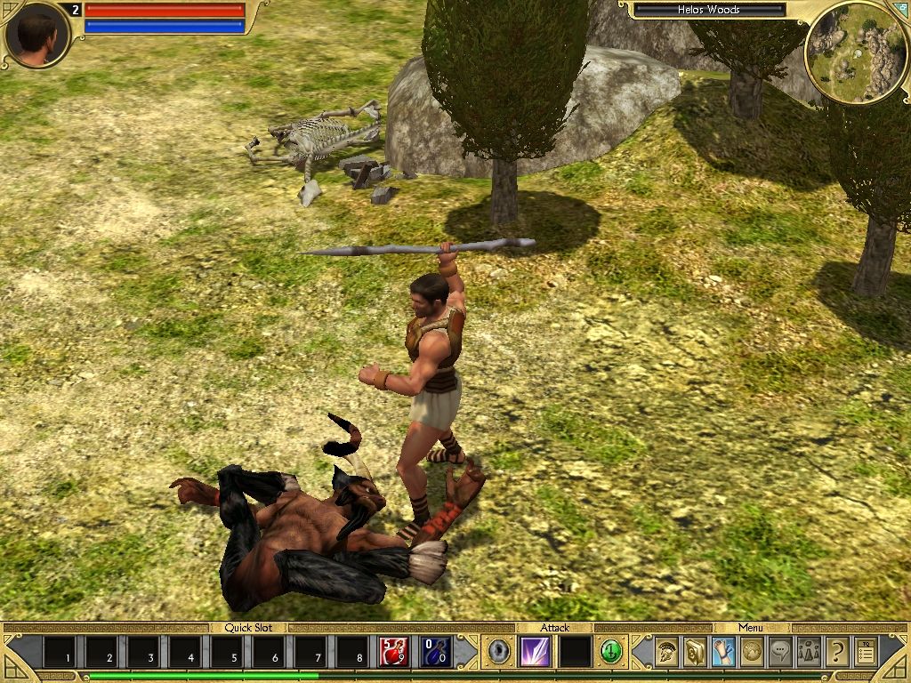 Titan Quest (Windows) screenshot: Your first enemy, laying at your feet.
