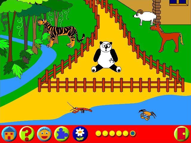 Learning Land 2: Biff's Birthday (Windows) screenshot: This is Biff's Home From Home game, it's a Nature activity. The player drags the animal in the centre to the right if it's a farm animal, down if it's sea creature or left if it lives in a jungle