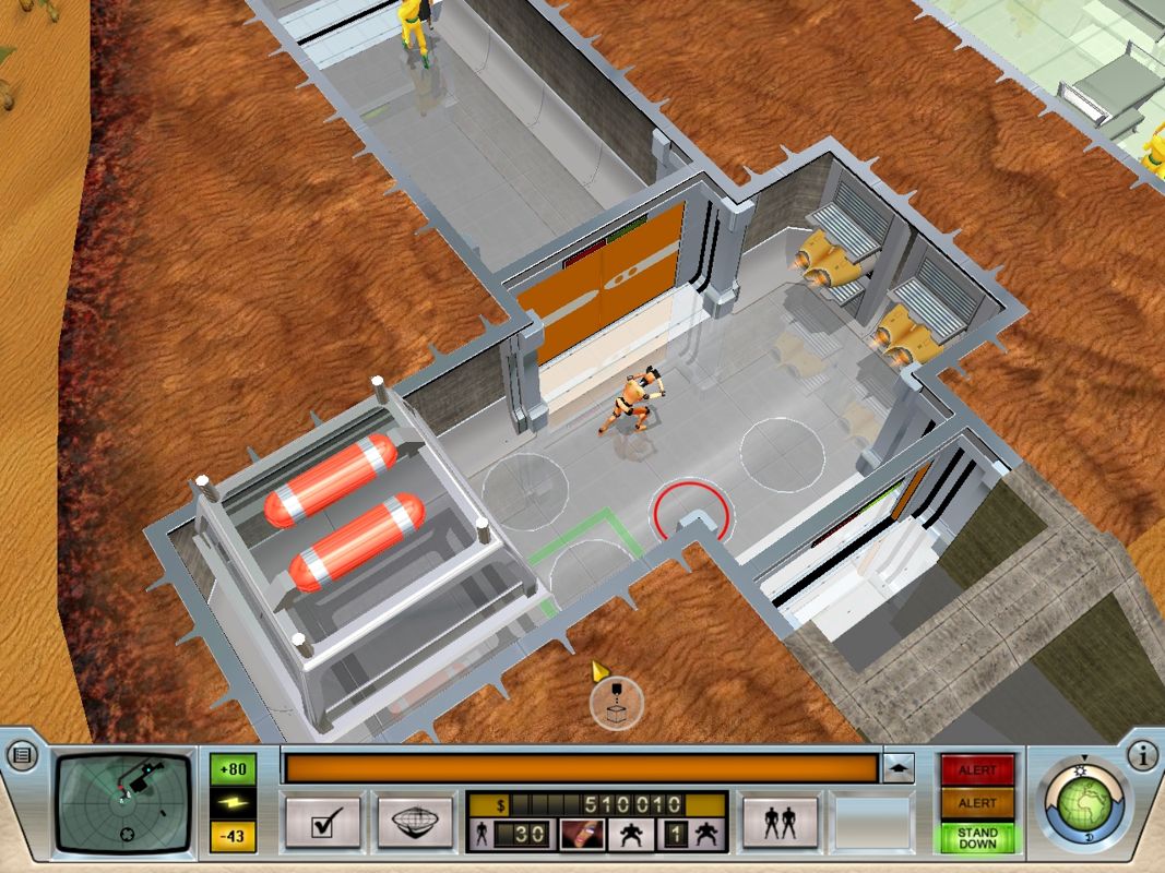 Evil Genius (Windows) screenshot: One sensor activates the wind trap, which pushes the victim over another sensor into a poison gas trap. Mmmm, fun!