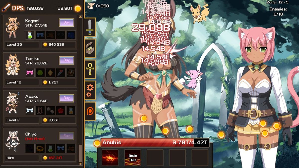 Sakura Clicker (Windows) screenshot: There are two kinds of cute spirit. The brown one gives a one-off cash bonus, the pink one gives mega points every time it is hit