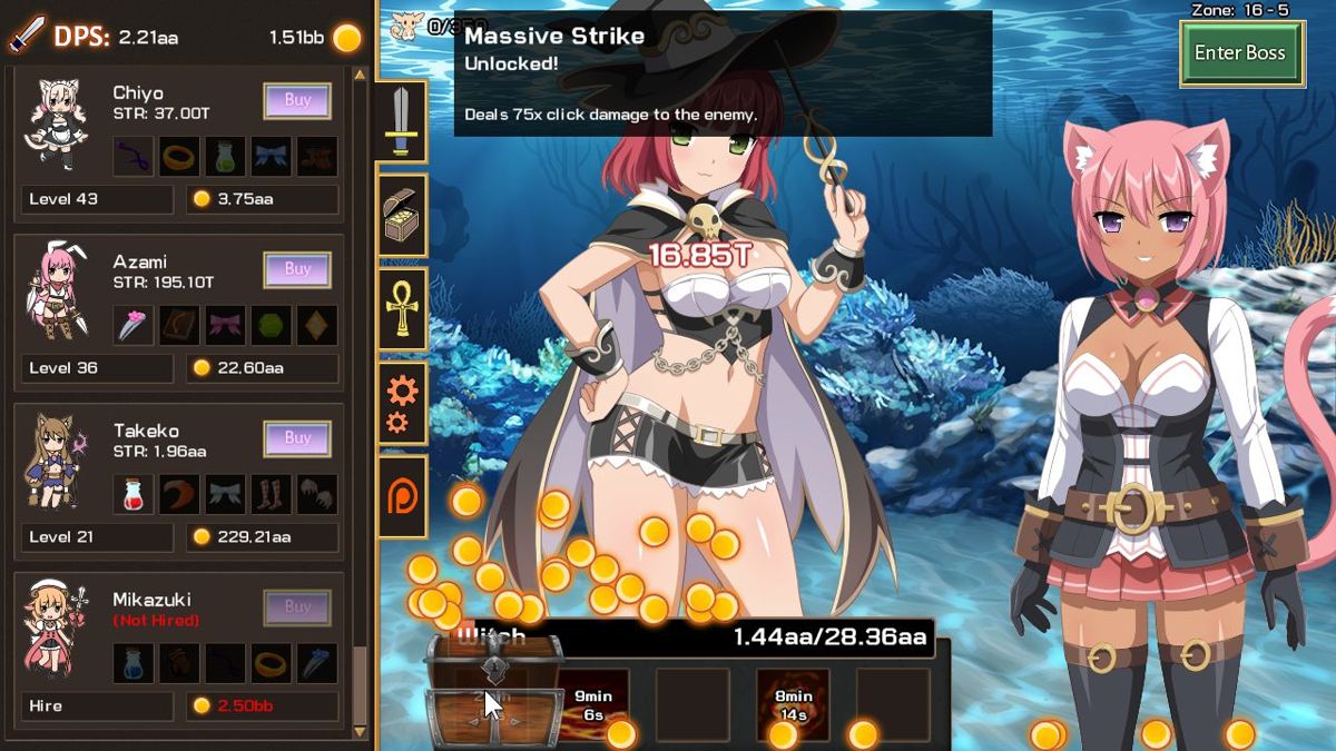 Sakura Clicker (Windows) screenshot: Opening a treasure chest and unlocking a bonus feature at the same tome. Bonus features are awarded as the main character levels up, they operate for a short time then slowly recharge