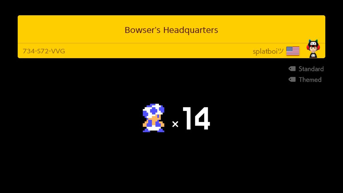 Super Mario Maker 2 (Nintendo Switch) screenshot: Each Course World (i.e. user-designed) course comes with a nine letters/digits code, which allows it to be searched for in-game, and shared.