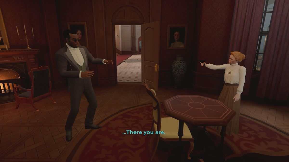 The Invisible Hours (PlayStation 4) screenshot: Flora is trying to blackmail the butler (TV mode)