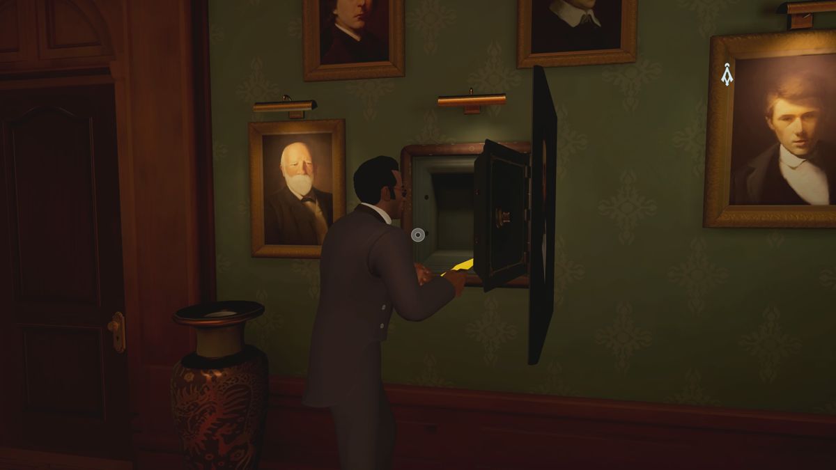 The Invisible Hours (PlayStation 4) screenshot: The butler is taking something from the safe (TV mode)