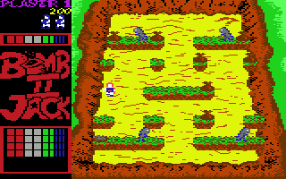 Bomb Jack II (Commodore 64) screenshot: Big jump from one ledge to another
