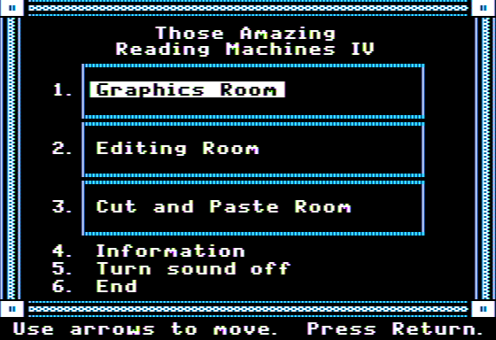 Those Amazing Reading Machines IV (Apple II) screenshot: Main Menu
