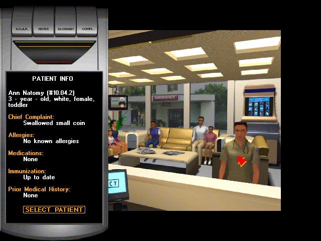 Emergency Room (DOS) screenshot: Patients are given silly medical names