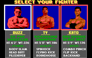 Pit-Fighter (DOS) screenshot: Choose your fighter (EGA)