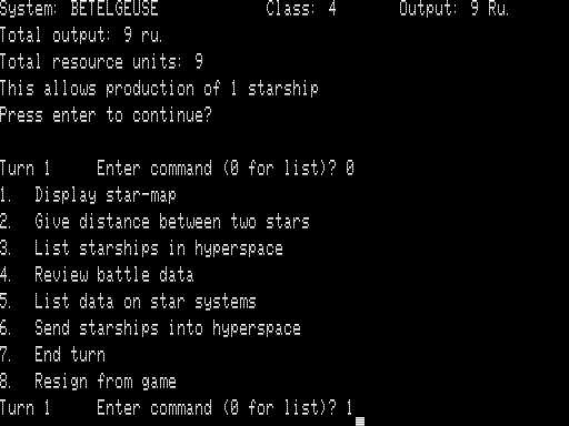 Stellar Empires (TRS-80) screenshot: Command List
