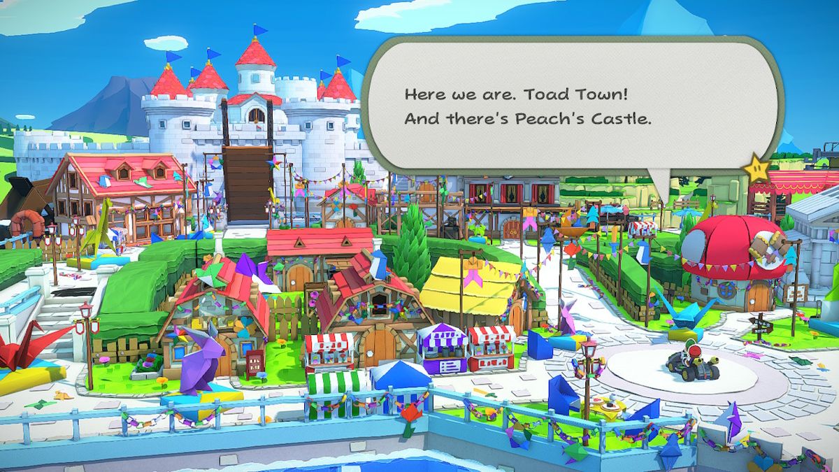 Paper Mario: The Origami King (Nintendo Switch) screenshot: Main square. With Peach's Castle in the background