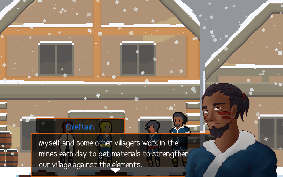 Millika Village (Browser) screenshot: Meeting the chieftain, who briefs you on how you can help out at the village.