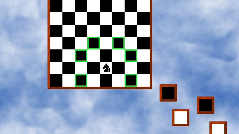 Knight-errant (Browser) screenshot: The first puzzle is to get across the gap. Available moves are highlighted in green.