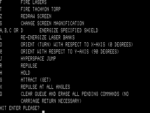 Starbase Zero (TRS-80) screenshot: Command List