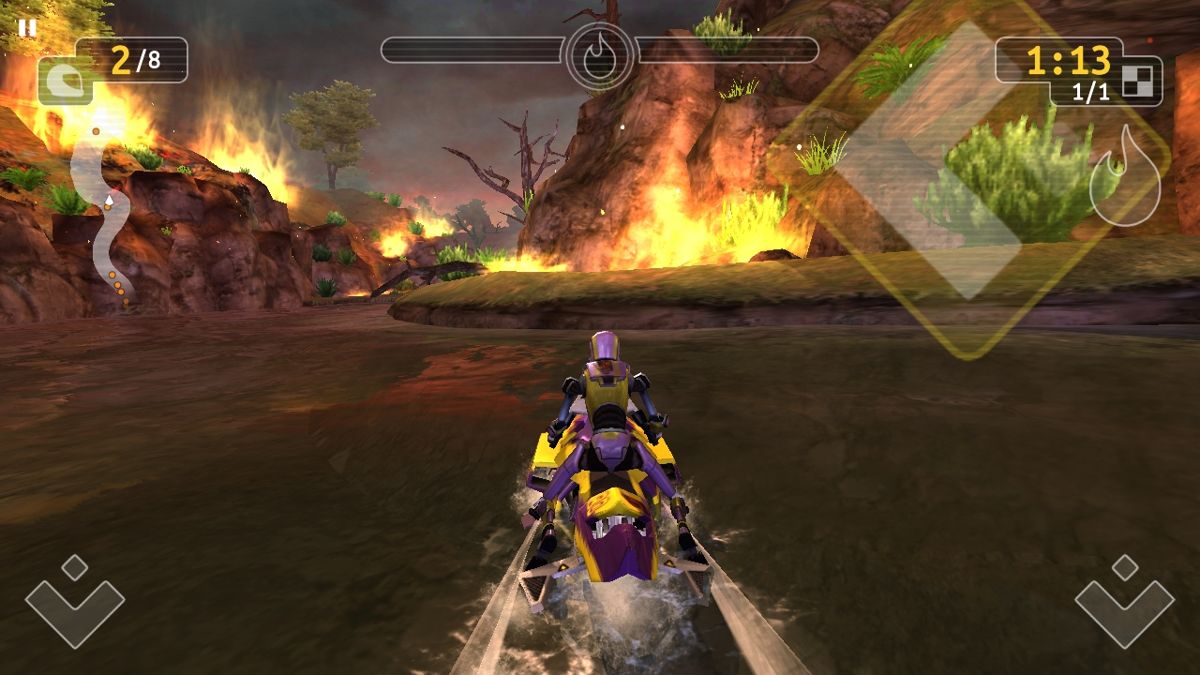 Riptide GP: Renegade (Android) screenshot: The ground in burning and the trees are falling in this track