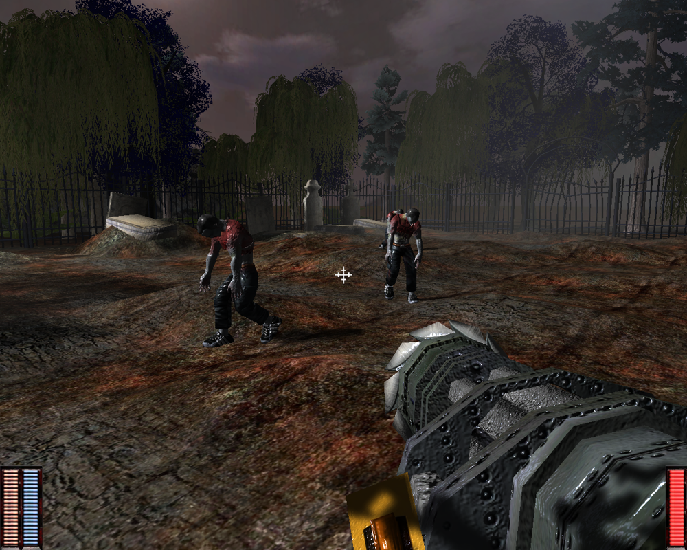 Cemetery Warrior (Windows) screenshot: The game starts off in a spooky cemetery, with zombies shambling towards you.