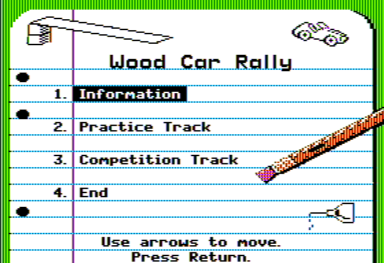 Wood Car Rally (Apple II) screenshot: Main Menu