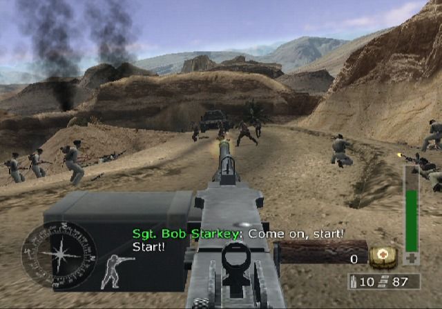 Call of Duty: Finest Hour (PlayStation 2) screenshot: Mounted gun is no match for a tank... better step on it and get the hell outta here