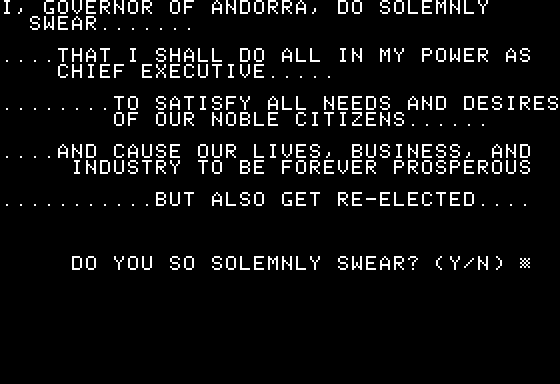 Andorra (Apple II) screenshot: Taking the Oath of Office