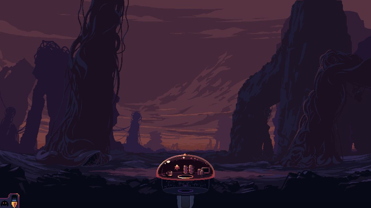 Dome Keeper (Windows) screenshot: A zoomed out view of the dome where the character resides.