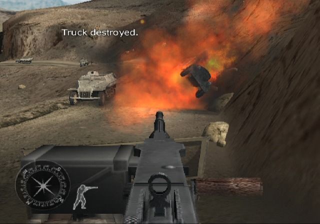 Call of Duty: Finest Hour (PlayStation 2) screenshot: Destroy trucks on the road to clear your path