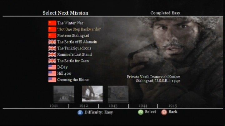 Call of Duty 2 (Xbox 360) screenshot: There are 10 missions in total to choose from.