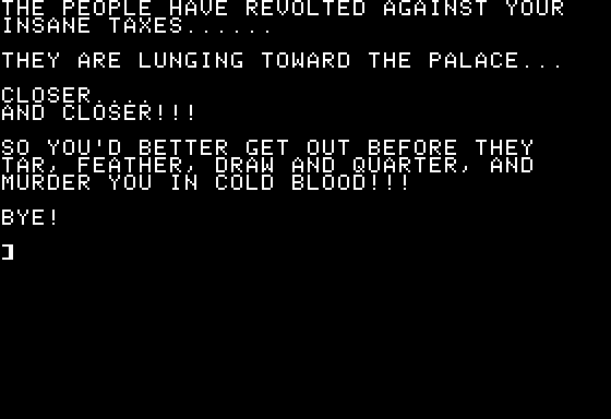 Andorra (Apple II) screenshot: The People Don't Like my Tax Rate