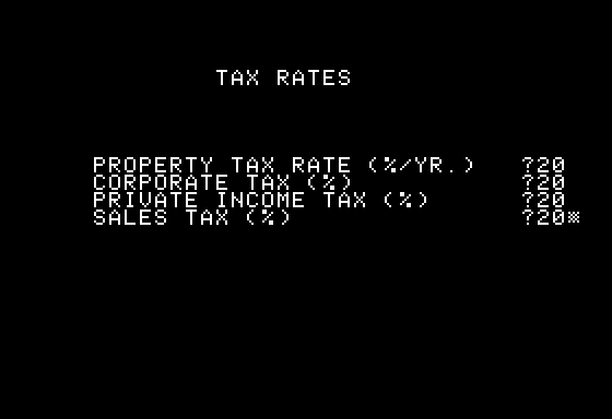 Andorra (Apple II) screenshot: Setting Tax Rates