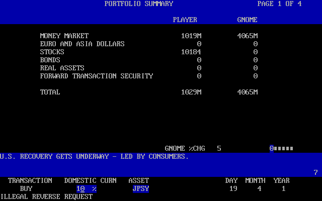 Money Bags: Beat the Gnome of Zurich (DOS) screenshot: Portfolio summary.