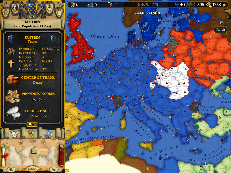 Europa Universalis (Windows) screenshot: France has conquered most of Europe